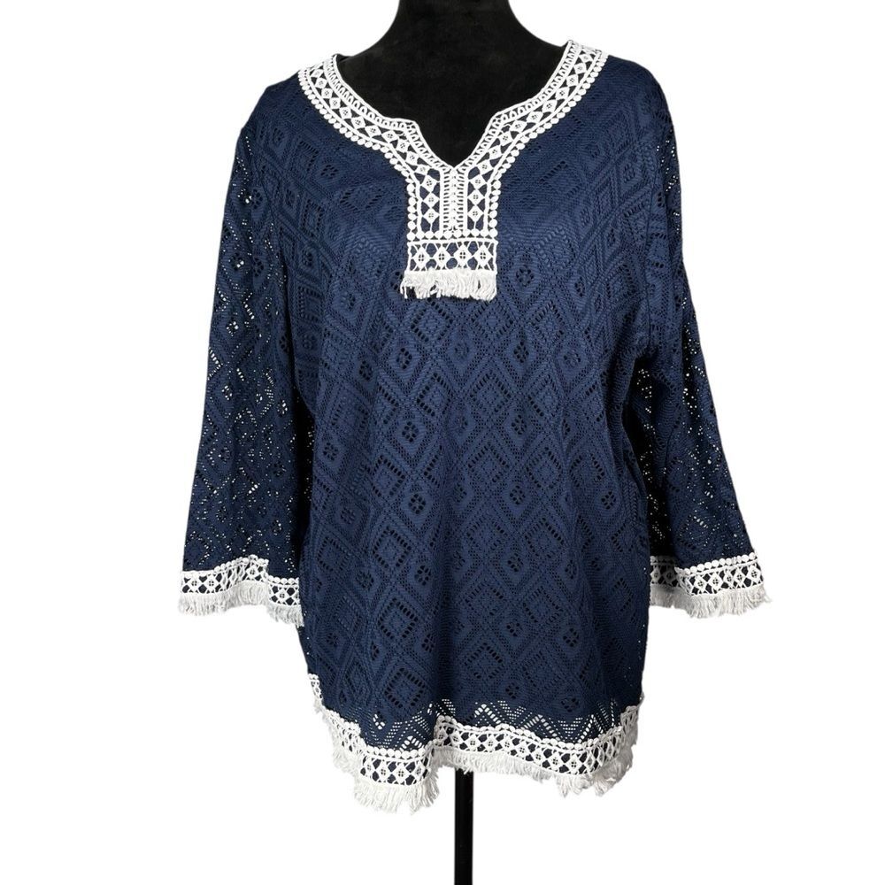 Alfred Dunner Navy Tunic Top White Lace Fringe Crochet Openwork Boho Cover Up